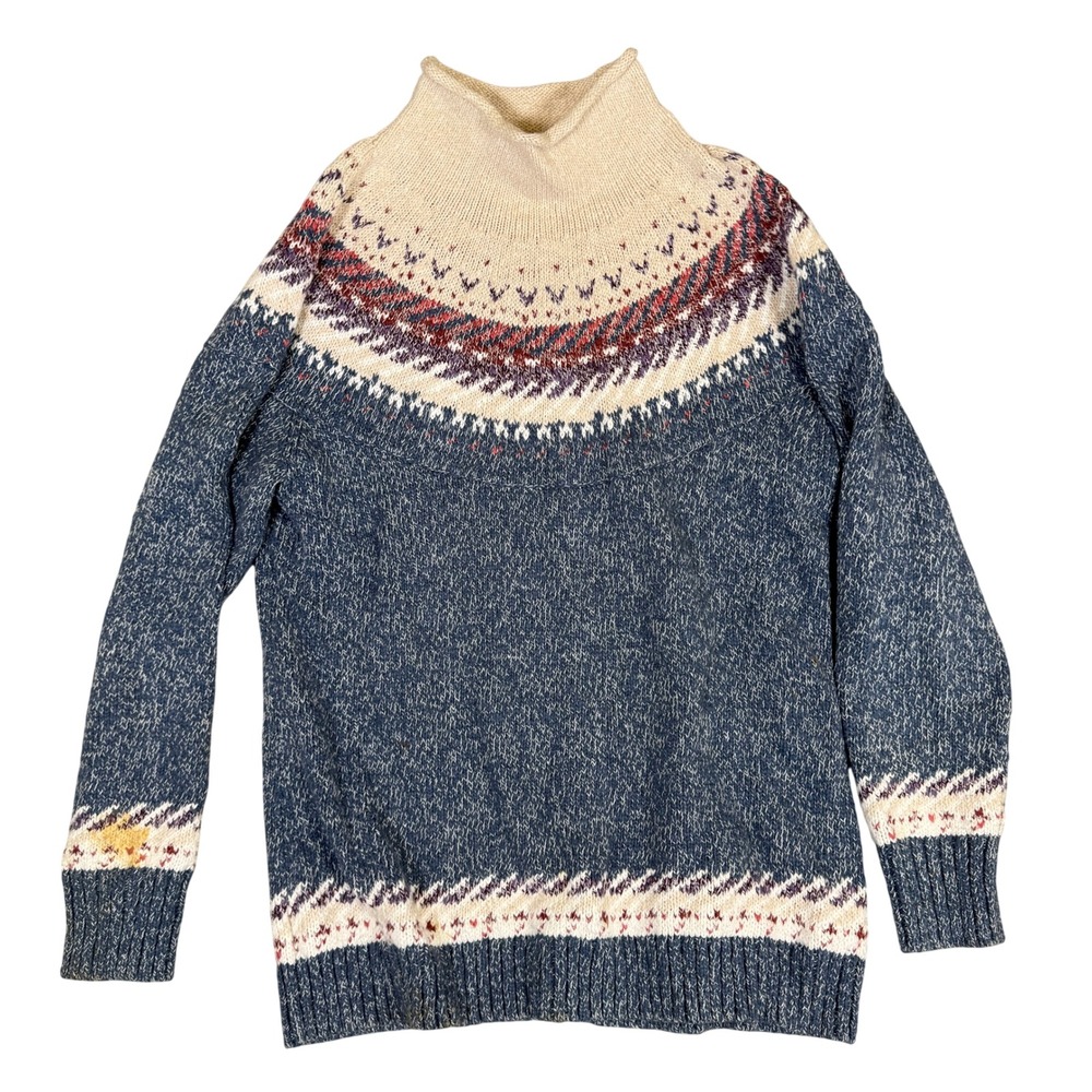 LL Bean Fair Isle Mock Neck Knit Sweater Blue Marled Nordic Pullover Women's L